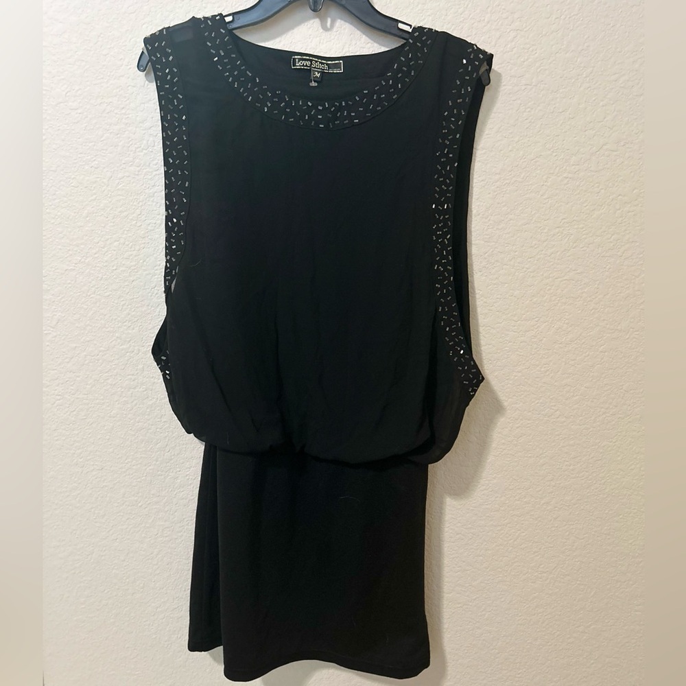 Love Stitch Black Beaded Blouson Dress Size M Like New Boho Cocktail - Picture 6 of 6